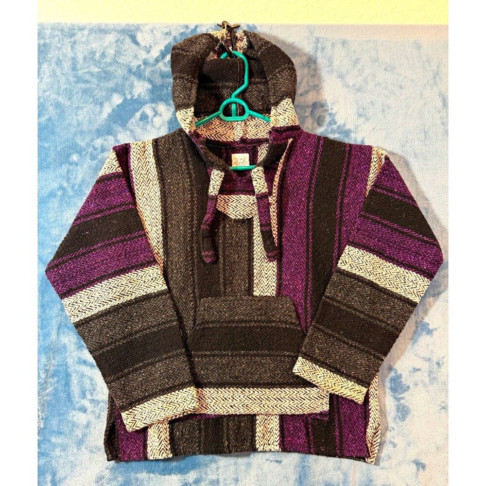 Vintage Baja Hoodie Mexican Drug Rug Pullover Purple Black Striped Skate Surf